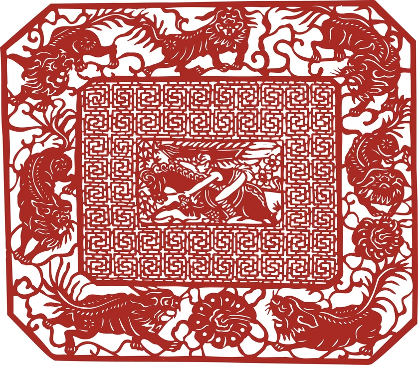 中国风中式传统喜庆民俗人物动物窗花剪纸插画边框AI矢量PNG素材【153】